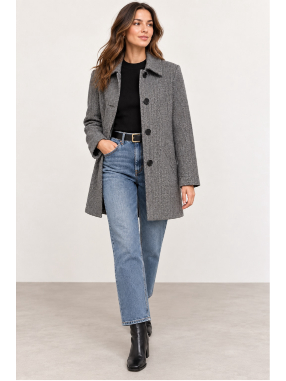 Reformation Herringbone Long Coat M Gray Black Made USA Deadstock Surplus Fabric